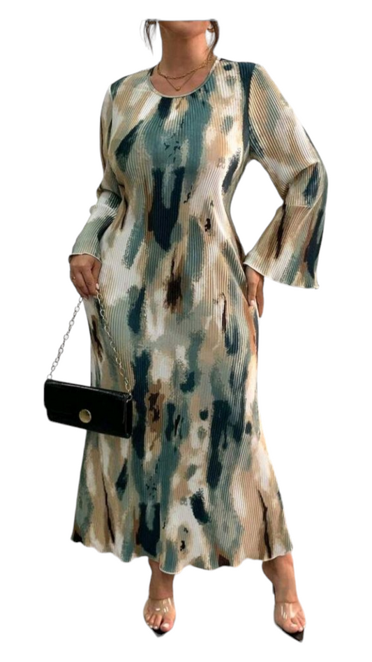 Plus Size Tie-Dye Casual Flare-Sleeve Fish-Tail Long Dress For Spring And Summer