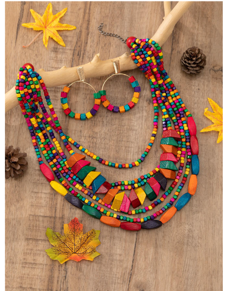 1pc Vintage Bohemian Style Colorful Wood Layered Necklaces Elegant Casual Jewelry For Women&Teen Girls